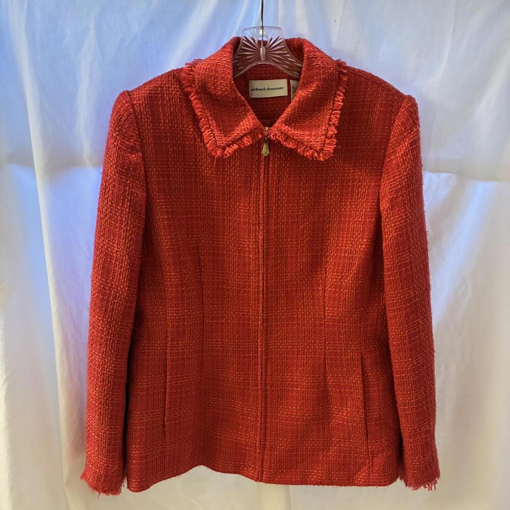 Alfred Dunner Vintage Size 10 Rose Pink Tweed Lined Fringe Trim Full Zip Jacket